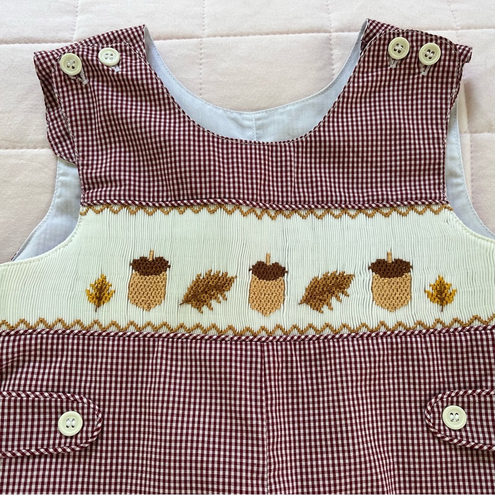 NEW Fall Leaves Red Check Smocked Acorn Longall Jon Jon Size 24 months - Picture 2 of 7